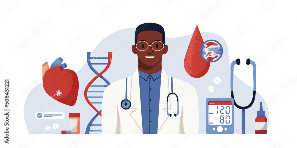 Consultation with a doctor. Full body health appointment vector concept digital illustration. Health check up. Medical diagnosis of human cardiovascular diseases, blood pressure, heart anatomy.