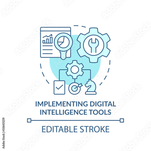 Implement digital intelligence tools turquoise concept icon. Digital first strategy abstract idea thin line illustration. Isolated outline drawing. Editable stroke. Arial, Myriad Pro-Bold fonts used
