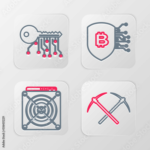 Set line Crossed pickaxe, ASIC Miner, Shield with bitcoin and Cryptocurrency exchange icon. Vector