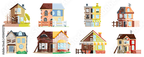 Home renovation, house before and after repair. New and old suburban cottage. Remodel construction. Old run-down house remodeled into cute traditional suburban cottage. Building maintenance service