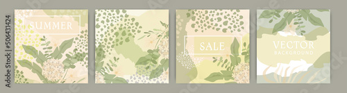 vector abstract square set templates with floral elements and plants. Suitable for publications in social networks and mobile applications.  floral backgrounds spring and summer, discounts and sales