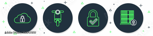 Set line Scooter, Lock and check mark, Cloud computing lock and Server security with icon. Vector