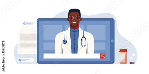 Browser window, computer screen with therapist, hospital staff team. Video call meeting in messenger, online consultation. Banner template. Ask doctor. Medical advise, chat service, telemedicine