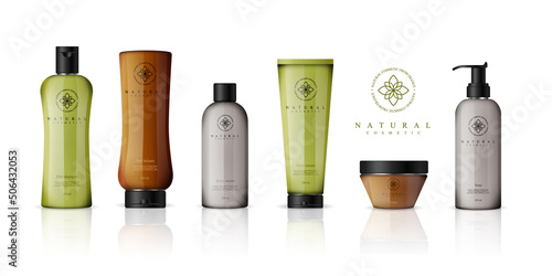 Realistic cosmetic bottles with gradient design on white background. Cosmetic cream containers and tubes for cream, lotion, shampoo, gel, balsam, conditioner, and spray. 3d Vector Illustration