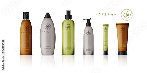 Realistic cosmetic bottles with gradient design on white background. Cosmetic cream containers and tubes for cream, lotion, shampoo, gel, balsam, conditioner, and spray. 3d Vector Illustration