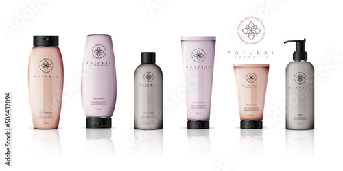 Realistic cosmetic bottles with gradient design on white background. Cosmetic cream containers and tubes for cream, lotion, shampoo, gel, balsam, conditioner, and spray. 3d Vector Illustration