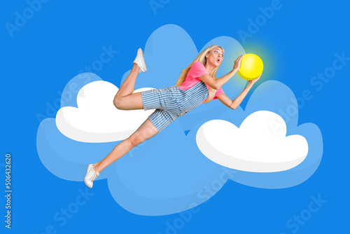 Creative artwork poster of amazed lady hipster jump high catch yellow sun ball isolated realistic draw sky background