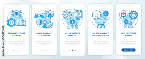 Why digital first mindset is essential blue onboarding mobile app screen. Walkthrough 5 steps graphic instructions pages with linear concepts. UI, UX, GUI template. Myriad Pro-Bold, Regular fonts used