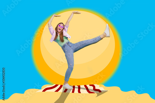 Creative billboard of youth lady dance tropical island world tour travel concept isolated realistic landscape background