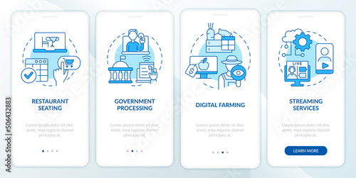 Digital first services blue onboarding mobile app screen. Ecommerce walkthrough 4 steps graphic instructions pages with linear concepts. UI, UX, GUI template. Myriad Pro-Bold, Regular fonts used