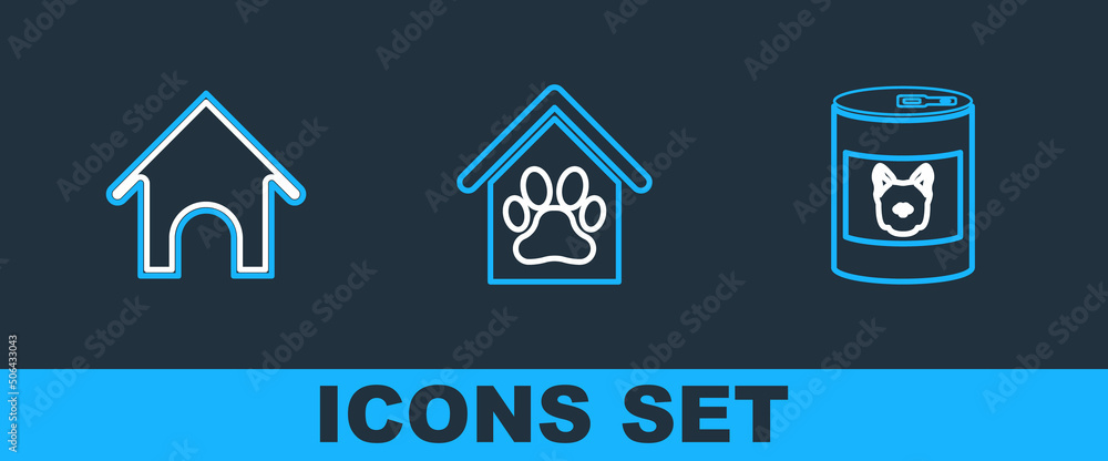 Set line Canned food for dog, Dog house and and paw print pet icon. Vector
