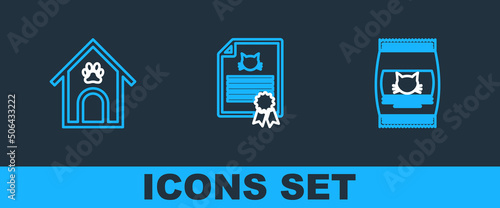 Set line Bag of food for cat, Dog house and paw print pet and Certificate dog icon. Vector
