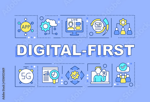 Digital first word concepts blue banner. Business and marketing. Infographics with icons on color background. Isolated typography. Vector illustration with text. Arial-Black font used