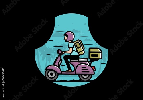 Man goes on vacation riding scooter illustration © Adipra