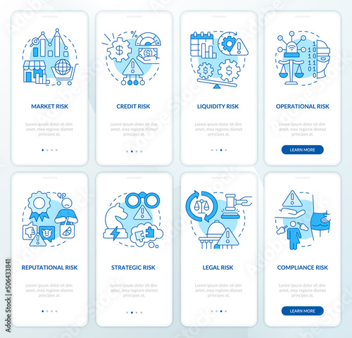 Risk categories blue onboarding mobile app screen set. Crisis management walkthrough 4 steps graphic instructions pages with linear concepts. UI, UX, GUI template. Myriad Pro-Bold, Regular fonts used