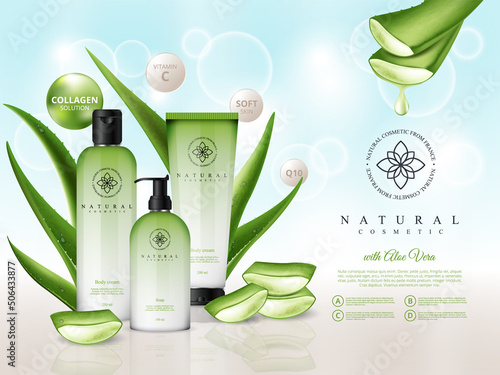 Cosmetic illustration for the promotion of cosmetic products with aloe vera medicinal plant with fresh drops of water on light bokeh background.  Containers and tubes for cream and soup in vector