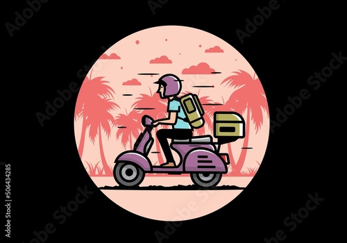 Man goes on vacation riding scooter illustration