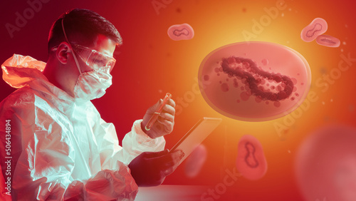 Doctor and Monkeypox molecules. Virologist with test tube. Concept of searching for antibodies to Monkeypox virus. VACV-5C7 antibodies. Man in chemical protection suit. Monkey pox bacteria on red photo