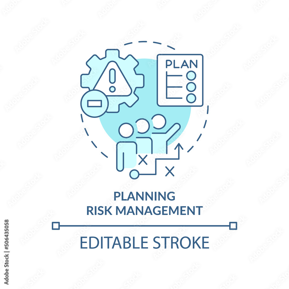 Planning risk management turquoise concept icon. Handle potential risks abstract idea thin line illustration. Isolated outline drawing. Editable stroke. Arial, Myriad Pro-Bold fonts used Planning risk management turquoise concept icon. Handle potential risks abstract idea thin line illustration. Isolated outline drawing. Editable stroke. Arial, Myriad Pro-Bold fonts used