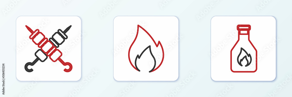 Set line Ketchup bottle, Grilled shish kebab and Fire flame icon. Vector Set line Ketchup bottle, Grilled shish kebab and Fire flame icon. Vector