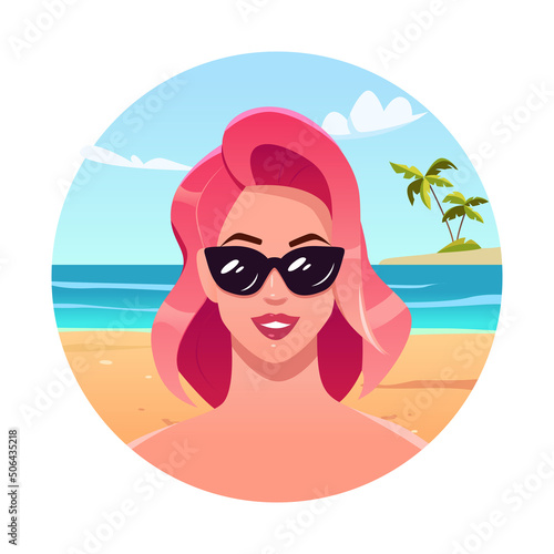 Portrait of a beautiful young woman in sunglasses on the beach. Female cartoon character. Vector cute Illustration.