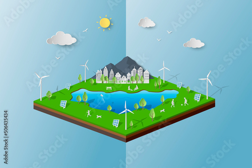 Eco friendly and save the environment conservation concept,paper art eco city on isometric landscape