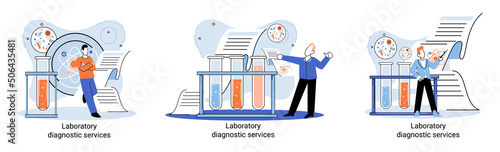 Laboratory diagnostic services metaphor, health indicators research treatment medical examination clinic. Health care and routine survey by doctor. Analyzes prescriptions of medications, lab equipment