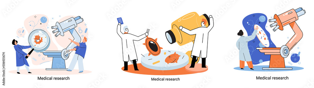 Medical research metaphor. Laboratory diagnostic services, Scientists work equipment and microscope. Virologists chemistry clinic laboratories, microbiology pharmaceutical research. Vaccine discovery Medical research metaphor. Laboratory diagnostic services, Scientists work equipment and microscope. Virologists chemistry clinic laboratories, microbiology pharmaceutical research. Vaccine discovery