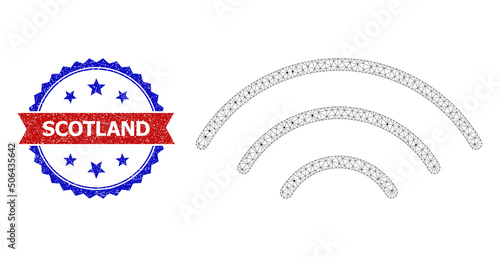 Polygonal wireless waves wireframe icon, and bicolor grunge Scotland seal. Mesh wireframe symbol is designed with wireless waves icon.