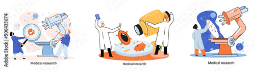 Medical research metaphor. Laboratory diagnostic services, Scientists work equipment and microscope. Virologists chemistry clinic laboratories, microbiology pharmaceutical research. Vaccine discovery