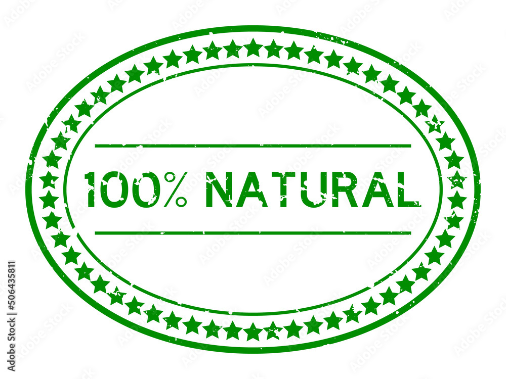 Grunge green 100 percent natural word oval rubber seal stamp on white background