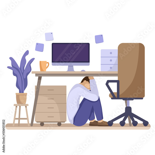 Young man with mental psychological disorder at work. Office worker sitting under desk. Stress, ptsd, panic attack. Flat vector illustration. Anxiety and fear, employe character burnout concept