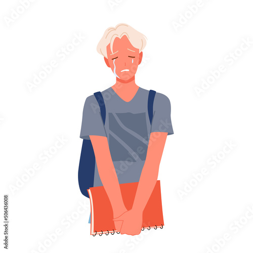 Lonely male student crying vector illustration. Cartoon sad boy teenager standing with backpack, notebook, depressed unhappy guy thinking about troubles isolated on white. Depression, stress concept