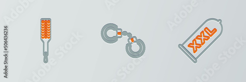 Set line Condom safe sex, Spanking paddle and Sexy fluffy handcuffs icon. Vector