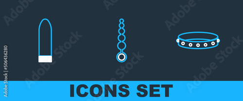 Set line Leather fetish collar, Dildo vibrator and Anal beads icon. Vector