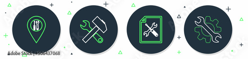 Set line Crossed hammer and wrench, File document service, Location and Wrench gear icon. Vector