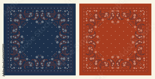 Set of Paisley Bandana Prints. Vector Floral Square Ornament Navy Blue and Dark Brick Red Colors with Peony Flowers and Small Bluebells. Vintage Oriental Silk Neck Scarf, Head Scarf or Kerchief design