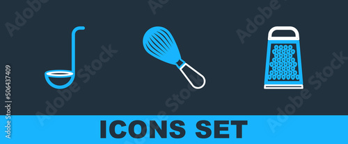 Set line Grater, Kitchen ladle and whisk icon. Vector