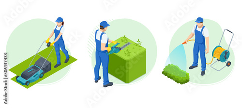 Isometric Agricultural work. Isometric gardener work on shrub, remove excess leave. Gardener trimming and landscaping green bushes. Watering, lawn mower