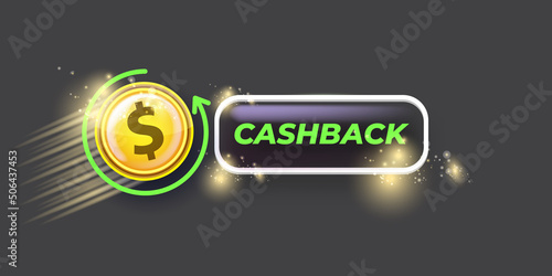 vector money cash back horizontal banner design template with cash back icon and coins isolated on modern grey background. 3d cashback bonus or money refund label horizontal banner