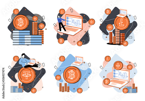 Cryptocurrency marketplace metaphor. Cryptocurrency investing platform. Bitcoin stock exchange online wallet and payments, digital money transactions. Crypto trading strategies. Exchange platform