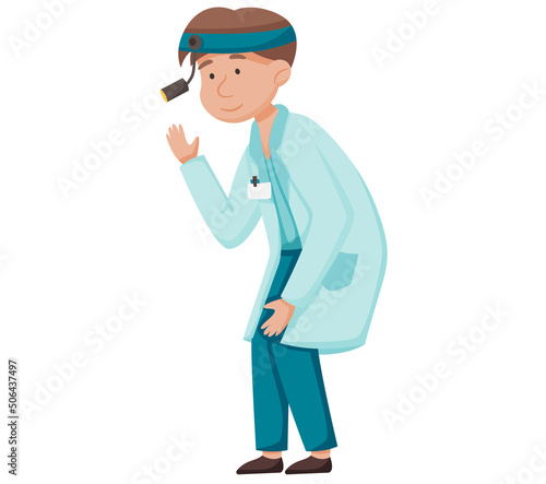 Otolaryngologist takes care of patients in clinic. Physician works and prescribes therapy. Health care. Doctor with forehead reflector treatment of pathologies of throat, ear and nose in hospital