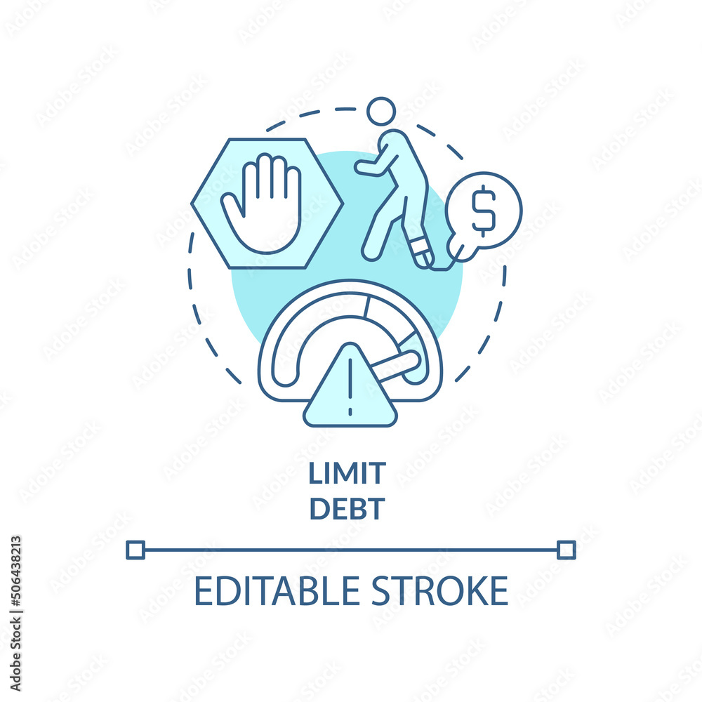 Limit debt turquoise concept icon. Additional step to risk management abstract idea thin line illustration. Isolated outline drawing. Editable stroke. Arial, Myriad Pro-Bold fonts used Limit debt turquoise concept icon. Additional step to risk management abstract idea thin line illustration. Isolated outline drawing. Editable stroke. Arial, Myriad Pro-Bold fonts used