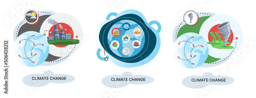 Global warming, climate change metaphor, natural disaster, deforestation, global heating, air pollution. Environmental accident on planet, ecological catastrophy warning icons world problem destroys