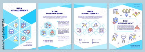 Risk management blue brochure template. Corporate safety. Leaflet design with linear icons. 4 vector layouts for presentation, annual reports. Arial-Black, Myriad Pro-Regular fonts used