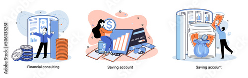 Saving account concept metaphor. People with coins and piggy bank. Accumulation of funds, wealth, passive income. Receiving interest from keeping money, safe future. Banking services, internet payment