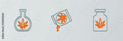 Set line Medical bottle with marijuana, Test tube and Marijuana or cannabis seeds icon. Vector