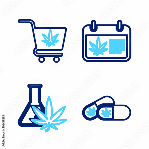 Set line Medical pills with marijuana, Test tube, Calendar and and Shopping cart icon. Vector