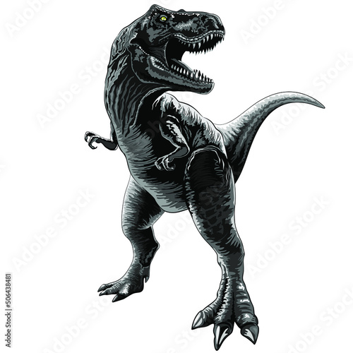 T-Rex Jurassic Dinosaur standing and growling. Original Black and White Vector Illustration isolated on White
