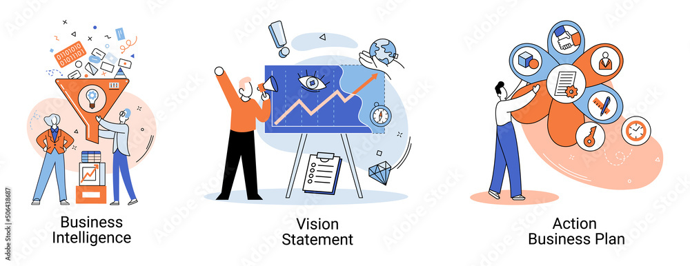 Fototapeta premium Business intelligence action business plan. Strategic planning automation process. Mission rules vision statement competitive intelligence, goals action plan, loyalty abstract metaphor, teamwork set